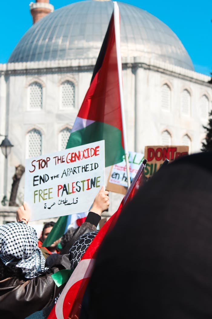 Demonstration advocating for Palestinian rights with protest signs and flags outside a historic mosque.